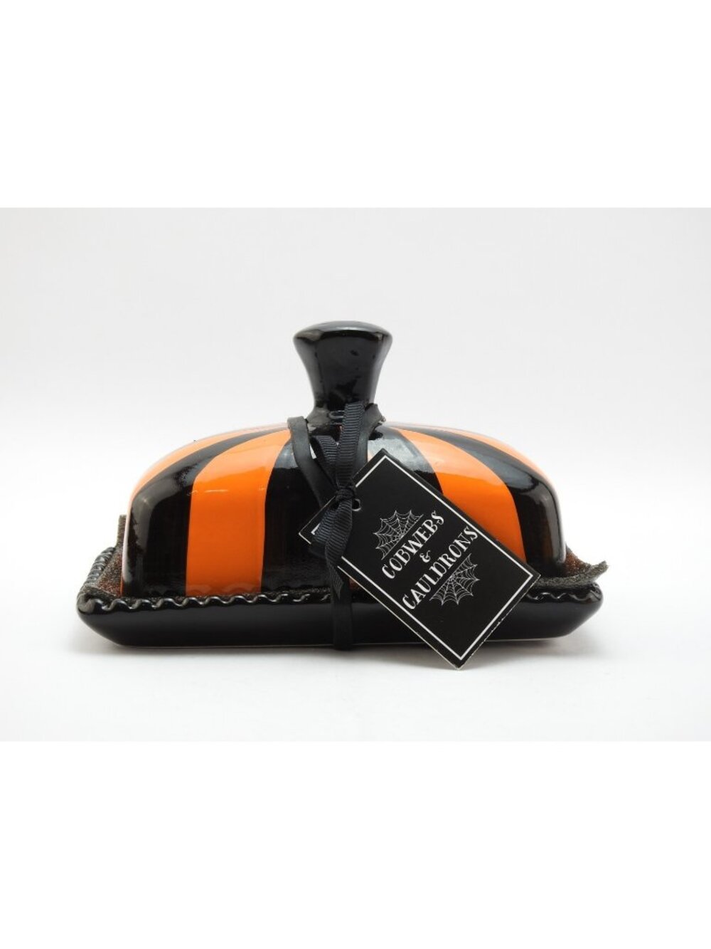 Cobwebs Cauldrons Halloween Butter Dish Black Orange Striped 7x4" NWT Modern